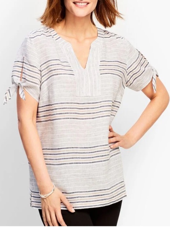Talbots Tops - Talbots 100% Linen Reef Stripe Tie Sleeve Top Sz L Coastal Lightweight